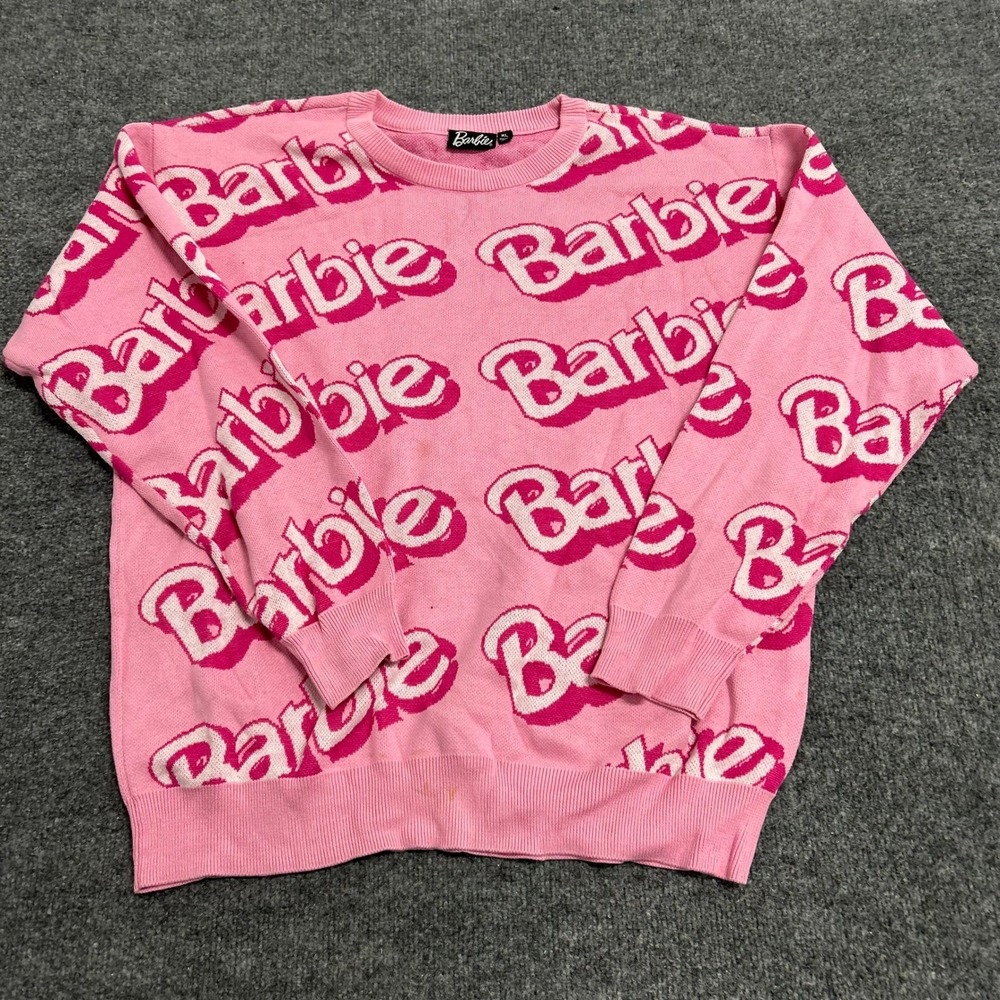 Barbie Sweater Womens Size XL Pink All Over Logo Print Cotton Blend Knit Top